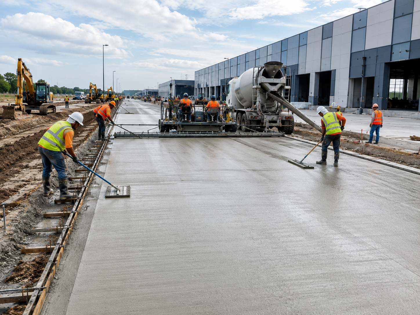 Construcción de calle de concreto industrial con trabajadores afinando una vialidad recién colada junto a una nave moderna