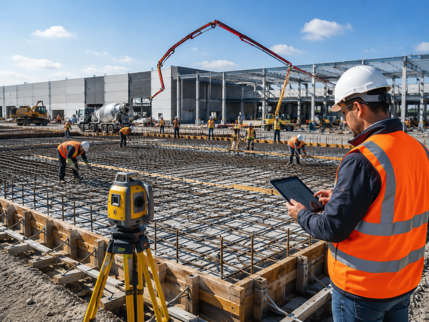 Cimentación comercial con acero de refuerzo, cimbra, equipo de nivelación láser e ingeniero revisando planos digitales