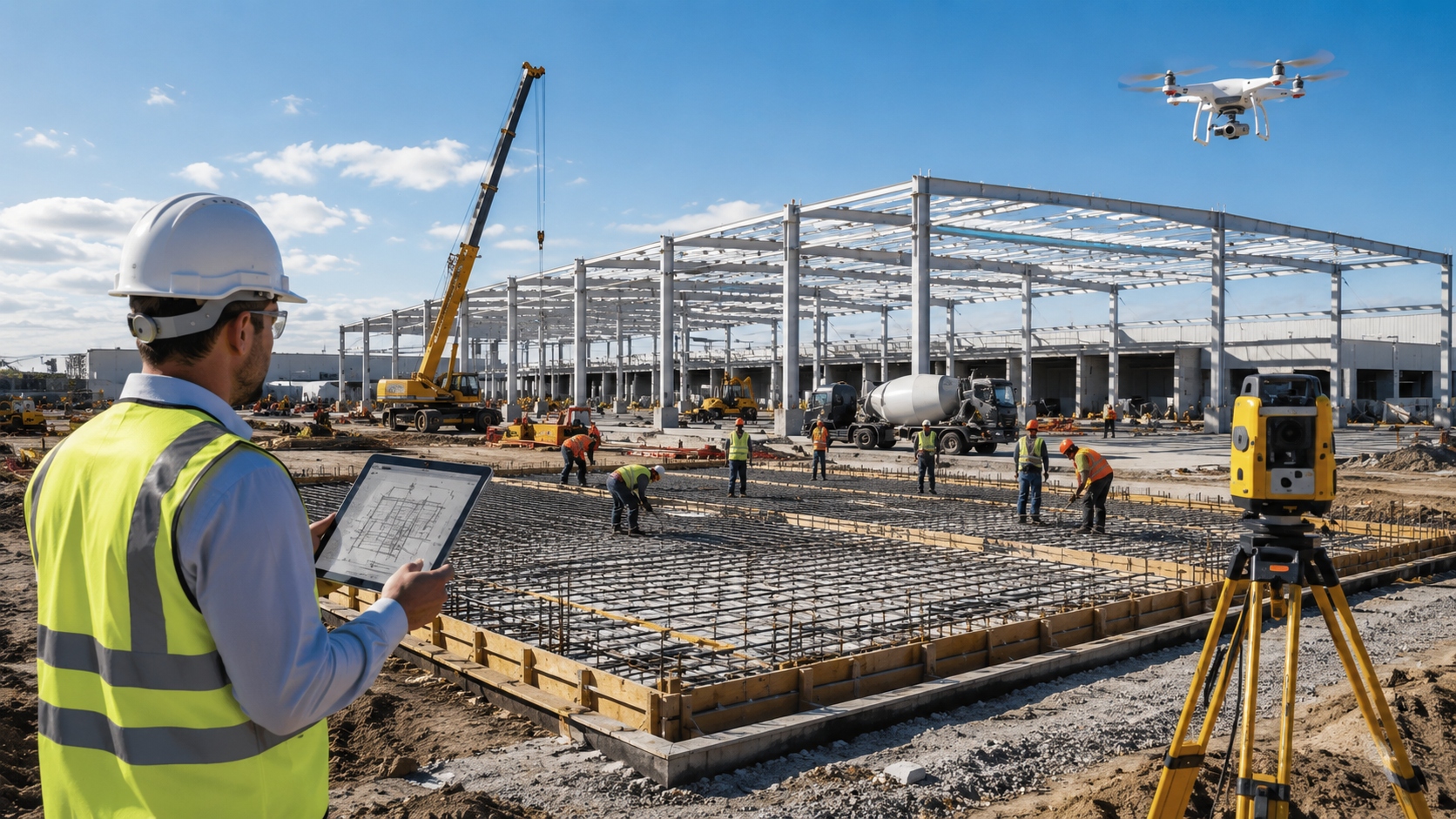 Sitio de construcción industrial de ARVe AG con cimentación de concreto, estructura para nave industrial, monitoreo con dron y equipo de nivelación láser